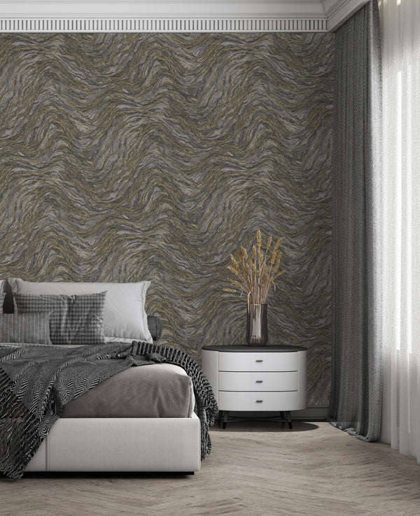 Anthracite and Gold Patterned Wallpaper,Natural Wallpaper, Modern & Minimalist Wall Covering,Modern Look Neutral Colors Glittering Wallcovering