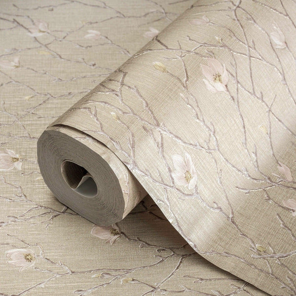 Beige Floral Blossom Embossed Wallpaper, Flower Branches Chinoiserie Wallcovering - Adawall -Houston Wallpaper Store - Walcoverings, Curtains & Wall Panels