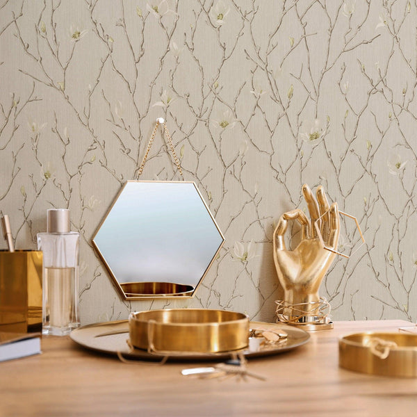 Beige Floral Blossom Embossed Wallpaper, Flower Branches Chinoiserie Wallcovering - Adawall -Houston Wallpaper Store - Walcoverings, Curtains & Wall Panels