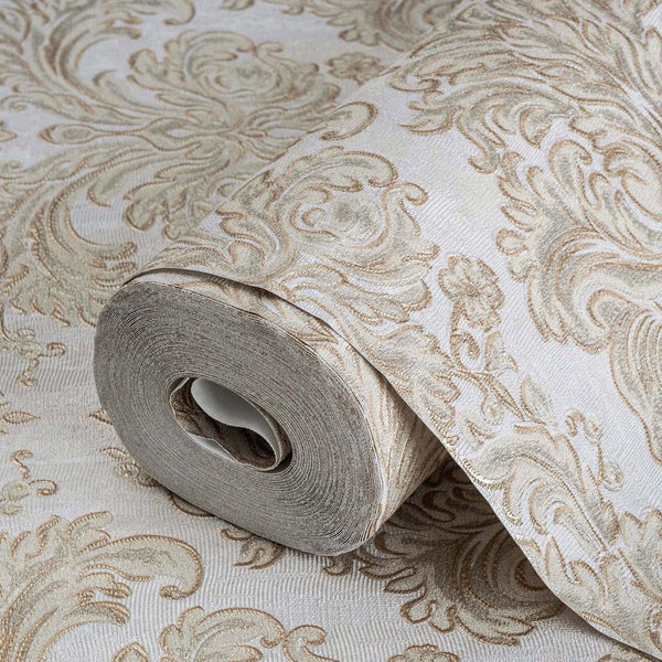 Beige Rich Baroque Damask Wallpaper Deep Embossed Shimmering Vintage Design - Adawall -Houston Wallpaper Store - Walcoverings, Curtains & Wall Panels