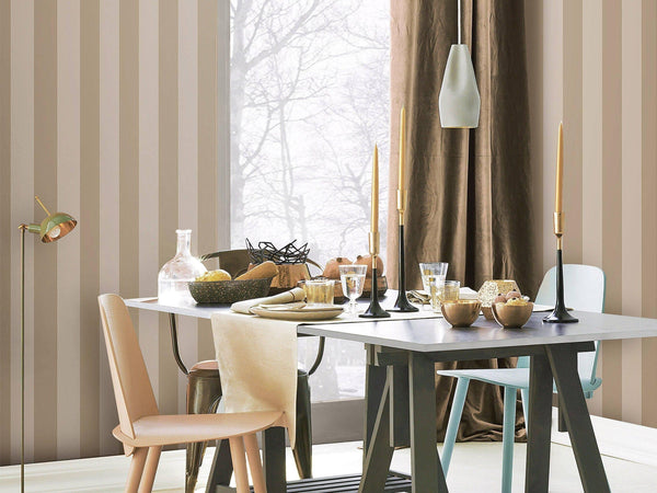 Beige Timeless Bold Striped Wallpaper, Flocked Textured Velvet Feeling Thick Lines Wallcovering - Adawall -Houston Wallpaper Store - Walcoverings, Curtains & Wall Panels