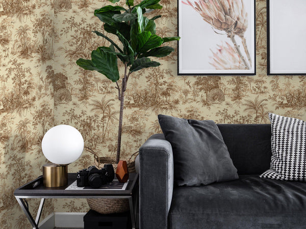 Beige Tropical Toile Textured Wallpaper, Stylish Plants Animals Jungle Forest Theme Wallcovering - Adawall -Houston Wallpaper Store - Walcoverings, Curtains & Wall Panels