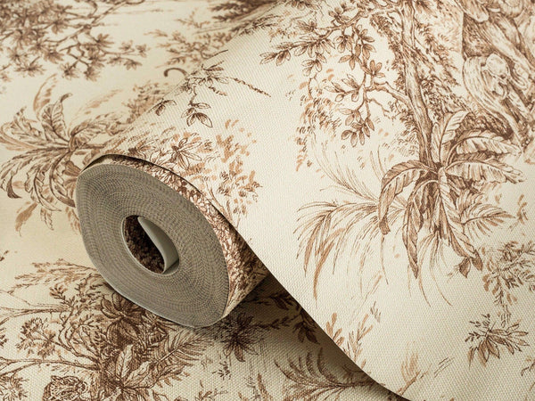 Beige Tropical Toile Textured Wallpaper, Stylish Plants Animals Jungle Forest Theme Wallcovering - Adawall -Houston Wallpaper Store - Walcoverings, Curtains & Wall Panels
