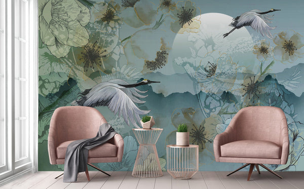 Birds Scene Wallpaper, Botanical Tropical Wallpaper, Nature, Customized Wall Mural, Durable, Non-Woven Wall Paper, Non-Adhesive, Removable - Adawall -Houston Wallpaper Store - Walcoverings, Curtains & Wall Panels