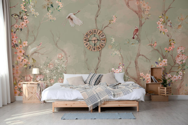 Birds Trees Nature Scene Wallpaper, Tropical Botanical Wall Mural, Green Customized Wallpaper, Home Decor, Bedroom, Store, Forest Large Wall Art - Adawall -Houston Wallpaper Store - Walcoverings, Curtains & Wall Panels