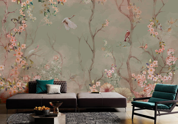 Birds Trees Nature Scene Wallpaper, Tropical Botanical Wall Mural, Green Customized Wallpaper, Home Decor, Bedroom, Store, Forest Large Wall Art - Adawall -Houston Wallpaper Store - Walcoverings, Curtains & Wall Panels