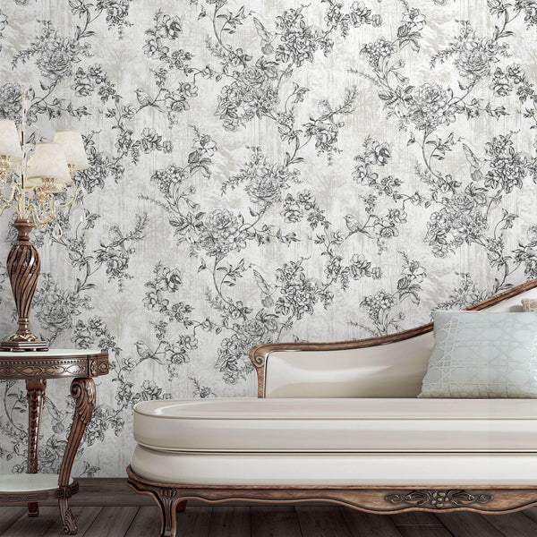 Black & White Elegant Chinoiserie Blossom Floral Wallpaper, Animal Print Birds Flowers Botanical Pattern - Adawall -Houston Wallpaper Store - Walcoverings, Curtains & Wall Panels