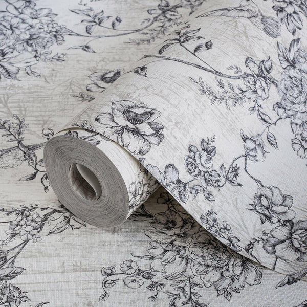 Black & White Elegant Chinoiserie Blossom Floral Wallpaper, Animal Print Birds Flowers Botanical Pattern - Adawall -Houston Wallpaper Store - Walcoverings, Curtains & Wall Panels