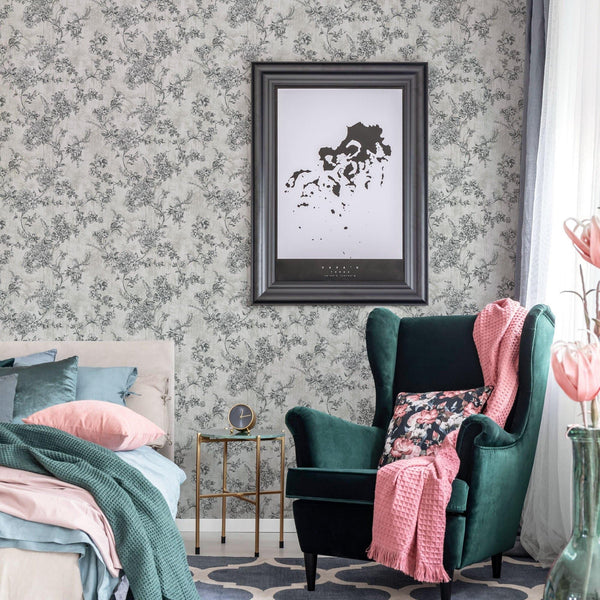 Black & White Elegant Chinoiserie Blossom Floral Wallpaper, Animal Print Birds Flowers Botanical Pattern - Adawall -Houston Wallpaper Store - Walcoverings, Curtains & Wall Panels