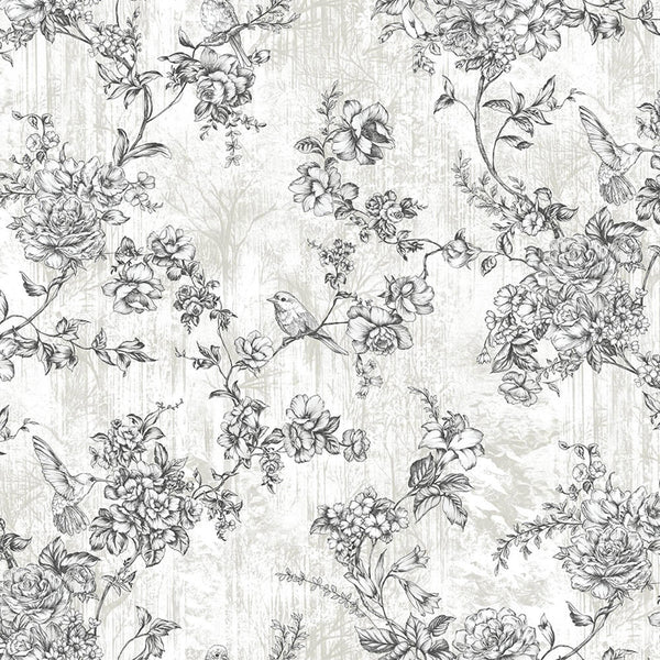 Black & White Elegant Chinoiserie Blossom Floral Wallpaper, Animal Print Birds Flowers Botanical Pattern - Adawall -Houston Wallpaper Store - Walcoverings, Curtains & Wall Panels