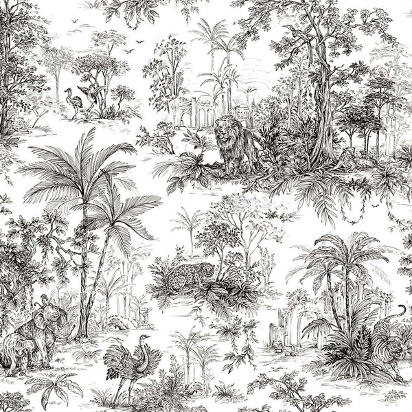 Black & White Tropical Toile Textured Wallpaper, Stylish Plants Animals Jungle Forest Theme Wallcovering - Adawall -Houston Wallpaper Store - Walcoverings, Curtains & Wall Panels