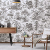 Black & White Tropical Toile Textured Wallpaper, Stylish Plants Animals Jungle Forest Theme Wallcovering - Adawall -Houston Wallpaper Store - Walcoverings, Curtains & Wall Panels