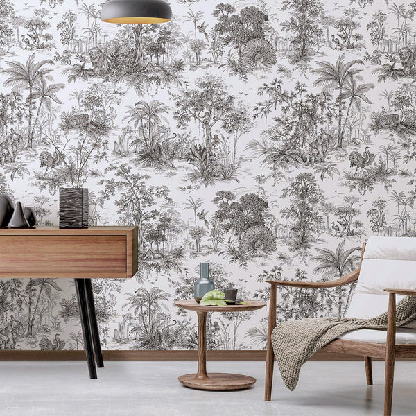 Black & White Tropical Toile Textured Wallpaper, Stylish Plants Animals Jungle Forest Theme Wallcovering - Adawall -Houston Wallpaper Store - Walcoverings, Curtains & Wall Panels
