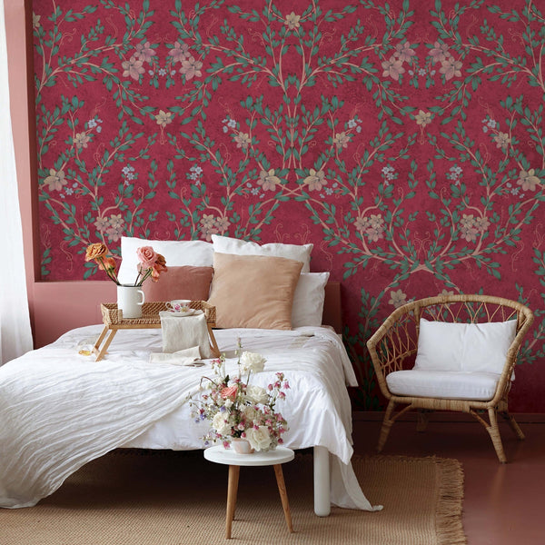 Blossom Chinoiserie Floral Wall Mural, Flower Bloom Red Wallpaper, Large Botanical Customized Wall Art, Non-Woven, Non-Adhesive, Removable - Adawall -Houston Wallpaper Store - Walcoverings, Curtains & Wall Panels