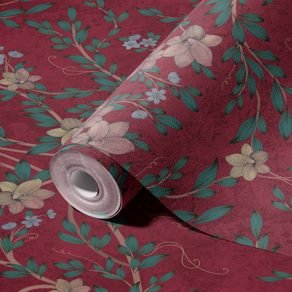 Blossom Chinoiserie Floral Wall Mural, Flower Bloom Red Wallpaper, Large Botanical Customized Wall Art, Non-Woven, Non-Adhesive, Removable - Adawall -Houston Wallpaper Store - Walcoverings, Curtains & Wall Panels