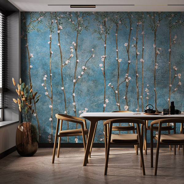 Blue Bloom Flowers Wall Mural, Floral Blossom Wallpaper, Oversized Nature Art Customized Wall Covering, Non-Woven, Non-Adhesive, Removable - Adawall -Houston Wallpaper Store - Walcoverings, Curtains & Wall Panels