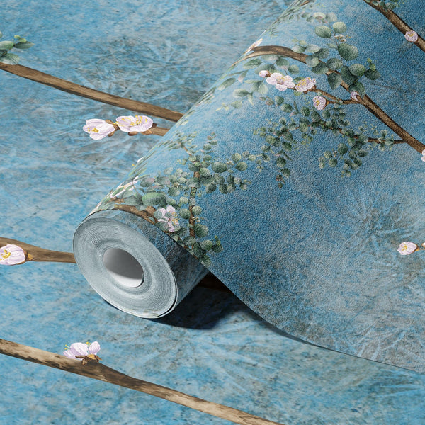 Blue Bloom Flowers Wall Mural, Floral Blossom Wallpaper, Oversized Nature Art Customized Wall Covering, Non-Woven, Non-Adhesive, Removable - Adawall -Houston Wallpaper Store - Walcoverings, Curtains & Wall Panels