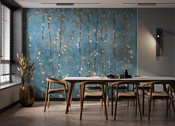 Blue Bloom Flowers Wall Mural, Floral Blossom Wallpaper, Oversized Nature Art Customized Wall Covering, Non-Woven, Non-Adhesive, Removable - Adawall -Houston Wallpaper Store - Walcoverings, Curtains & Wall Panels