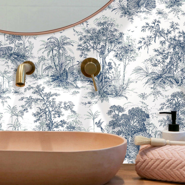 Blue Tropical Toile Textured Wallpaper, Stylish Plants Animals Jungle Forest Theme Wallcovering - Adawall -Houston Wallpaper Store - Walcoverings, Curtains & Wall Panels