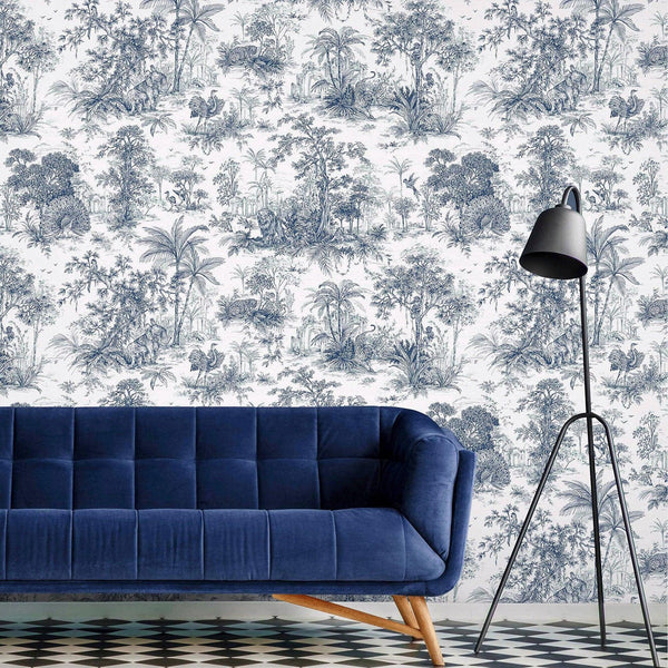Blue Tropical Toile Textured Wallpaper, Stylish Plants Animals Jungle Forest Theme Wallcovering - Adawall -Houston Wallpaper Store - Walcoverings, Curtains & Wall Panels