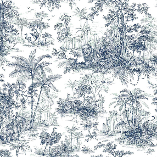 Blue Tropical Toile Textured Wallpaper, Stylish Plants Animals Jungle Forest Theme Wallcovering - Adawall -Houston Wallpaper Store - Walcoverings, Curtains & Wall Panels
