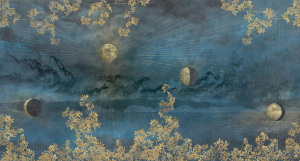 Celestial Moon Wall Mural, Moon Phases Blue Wallpaper, Large Space Custom Size Wall Covering, Non-Woven, Non-Pasted, Removable, Washable, Art - Adawall -Houston Wallpaper Store - Walcoverings, Curtains & Wall Panels
