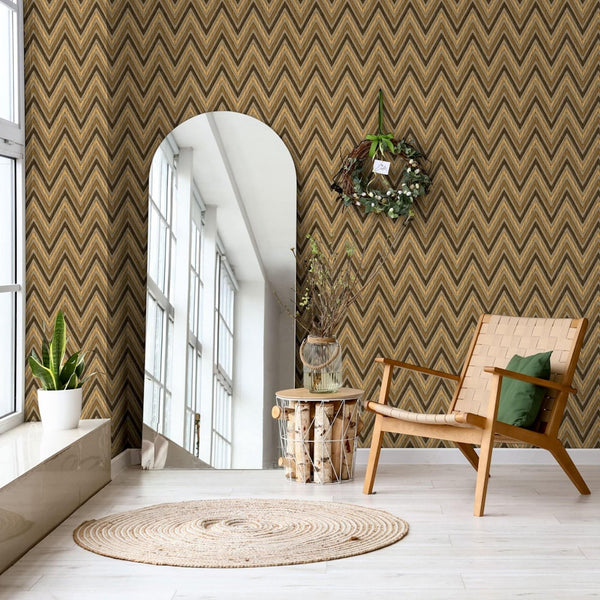 Chevron Wallpaper, Brown, Yellow Geometric Deep Embossed Zigzag Pattern Geometric Wallcovering - Adawall -Houston Wallpaper Store - Walcoverings, Curtains & Wall Panels