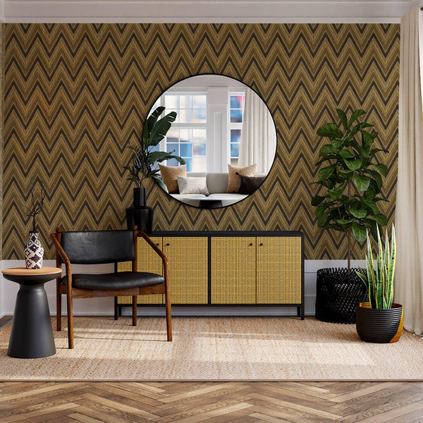 Chevron Wallpaper, Brown, Yellow Geometric Deep Embossed Zigzag Pattern Geometric Wallcovering - Adawall -Houston Wallpaper Store - Walcoverings, Curtains & Wall Panels