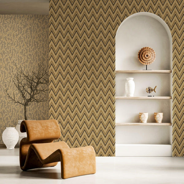 Chevron Wallpaper, Brown, Yellow Geometric Deep Embossed Zigzag Pattern Geometric Wallcovering - Adawall -Houston Wallpaper Store - Walcoverings, Curtains & Wall Panels