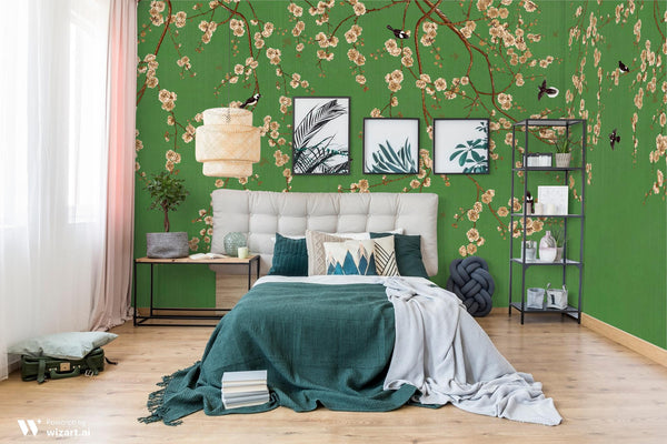Chinoiserie Birds Floral Wall Mural, Green Flowers Blossom Wallpaper, Large, Oversized Elegant Custom Size Wall Art, Non-Woven, Non-Pasted, Modern - Adawall -Houston Wallpaper Store - Walcoverings, Curtains & Wall Panels