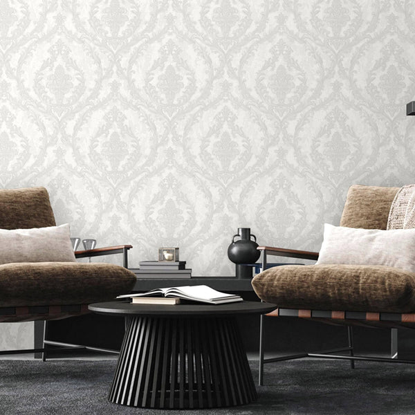 Damask Deep Embossed Wallpaper, White, Silver Luxury 3D Non-Pasted Wallcovering, Shimmering, Traditional Non-Woven Wall Decor - Adawall -Houston Wallpaper Store - Walcoverings, Curtains & Wall Panels