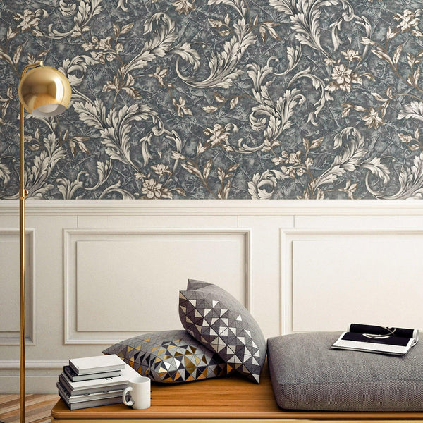 Elegant Blue White Flowered Embossed Wallpaper, Home Wall Decor, Aesthetic Wallpaper, Textured Wallcovering Non-Adhesive- 41.7”W X 393”H - Adawall -Houston Wallpaper Store - Walcoverings, Curtains & Wall Panels