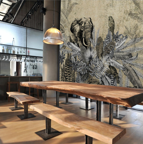 Elephant Jungle Wall Mural, Light Green Forest Animal Theme Wallpaper, Oversized Wall Art, Non-Woven, Non-Pasted, Removable, Exotic Wall Paper, Washable - Adawall -Houston Wallpaper Store - Walcoverings, Curtains & Wall Panels