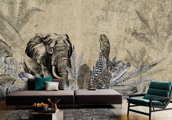 Elephant Jungle Wall Mural, Light Green Forest Animal Theme Wallpaper, Oversized Wall Art, Non-Woven, Non-Pasted, Removable, Exotic Wall Paper, Washable - Adawall -Houston Wallpaper Store - Walcoverings, Curtains & Wall Panels
