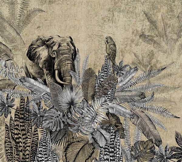 Elephant Jungle Wall Mural, Light Green Forest Animal Theme Wallpaper, Oversized Wall Art, Non-Woven, Non-Pasted, Removable, Exotic Wall Paper, Washable - Adawall -Houston Wallpaper Store - Walcoverings, Curtains & Wall Panels