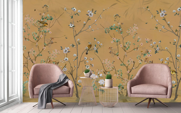Extra Large Chinoiserie Floral Wallpaper, Birds Blossom Yellow Wall Mural, Custom Size, Luxury, Modern Wall Paper, Non-Pasted, Washable, Removable (Copy) - Adawall -Houston Wallpaper Store - Walcoverings, Curtains & Wall Panels