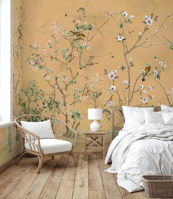 Extra Large Chinoiserie Floral Wallpaper, Birds Blossom Yellow Wall Mural, Custom Size, Luxury, Modern Wall Paper, Non-Pasted, Washable, Removable (Copy) - Adawall -Houston Wallpaper Store - Walcoverings, Curtains & Wall Panels