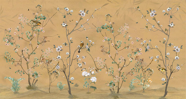 Extra Large Chinoiserie Floral Wallpaper, Birds Blossom Yellow Wall Mural, Custom Size, Luxury, Modern Wall Paper, Non-Pasted, Washable, Removable (Copy) - Adawall -Houston Wallpaper Store - Walcoverings, Curtains & Wall Panels
