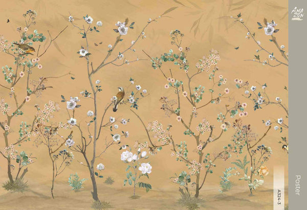 Extra Large Chinoiserie Floral Wallpaper, Birds Blossom Yellow Wall Mural, Custom Size, Luxury, Modern Wall Paper, Non-Pasted, Washable, Removable (Copy) - Adawall -Houston Wallpaper Store - Walcoverings, Curtains & Wall Panels