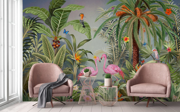 Flamingo Nature Theme Wall Mural, Green Forest Wallpaper, Custom Wall Mural, Wall Poster Home Interior Decor, Non-Adhesive, Non-Woven, Washable, Removable - Adawall -Houston Wallpaper Store - Walcoverings, Curtains & Wall Panels