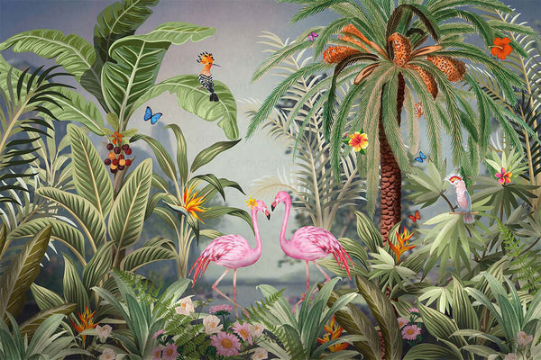 Flamingo Nature Theme Wall Mural, Green Forest Wallpaper, Custom Wall Mural, Wall Poster Home Interior Decor, Non-Adhesive, Non-Woven, Washable, Removable - Adawall -Houston Wallpaper Store - Walcoverings, Curtains & Wall Panels