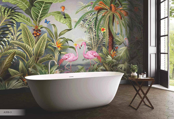 Flamingo Nature Theme Wall Mural, Green Forest Wallpaper, Custom Wall Mural, Wall Poster Home Interior Decor, Non-Adhesive, Non-Woven, Washable, Removable - Adawall -Houston Wallpaper Store - Walcoverings, Curtains & Wall Panels