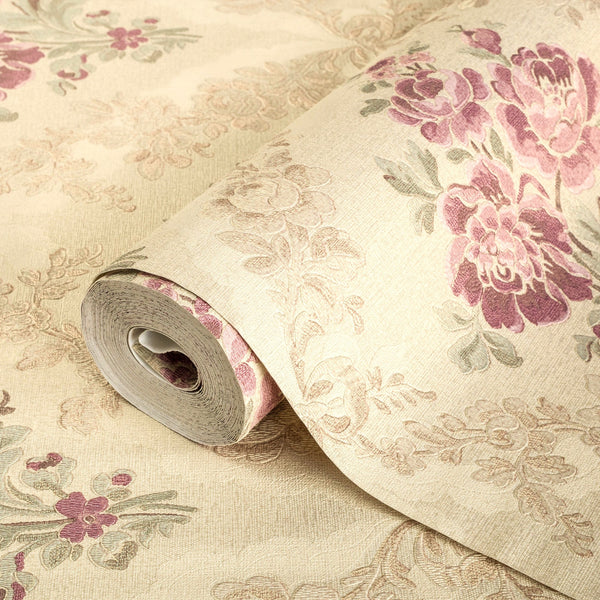 Floral Beige Embossed Wallpaper, Purple Flowers Home Wall Decor, Aesthetic Wallpaper, Textured Wallcovering Non-Adhesive and Non-Peel and Stick - Adawall -Houston Wallpaper Store - Walcoverings, Curtains & Wall Panels