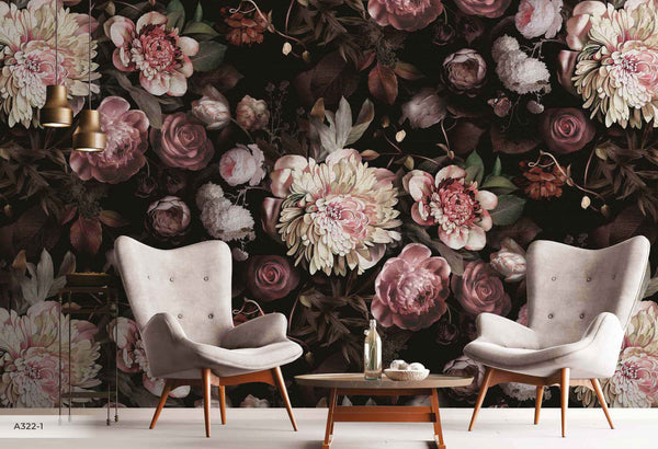 Floral Peony Wall Mural, Black Large Blooms Black Botanical Wallpaper,Home Decor Wall Art, Non-Woven, Non-Pasted, Removable, Washable - Adawall -Houston Wallpaper Store - Walcoverings, Curtains & Wall Panels