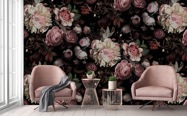 Floral Peony Wall Mural, Black Large Blooms Black Botanical Wallpaper,Home Decor Wall Art, Non-Woven, Non-Pasted, Removable, Washable - Adawall -Houston Wallpaper Store - Walcoverings, Curtains & Wall Panels