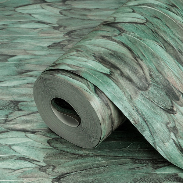 Green Feathers Pattern Embossed Wallpaper, Tropical 3D Textured Birds Vivid Wallcovering - Adawall -Houston Wallpaper Store - Walcoverings, Curtains & Wall Panels
