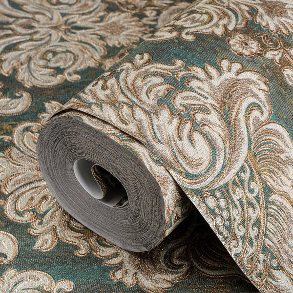 Green Rich Baroque Damask Wallpaper Deep Embossed Shimmering Vintage Design - Adawall -Houston Wallpaper Store - Walcoverings, Curtains & Wall Panels