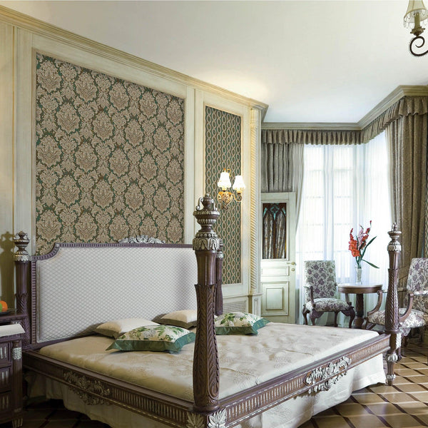 Green Rich Baroque Damask Wallpaper Deep Embossed Shimmering Vintage Design - Adawall -Houston Wallpaper Store - Walcoverings, Curtains & Wall Panels