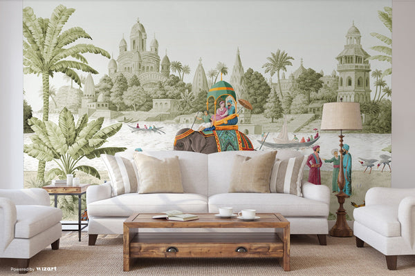 Indian Elephant Scene Wallpaper, Early Morning of India Historical Wall Mural, Green Custom Size Wall Covering, Non-Woven, Non-Pasted, Removable - Adawall -Houston Wallpaper Store - Walcoverings, Curtains & Wall Panels