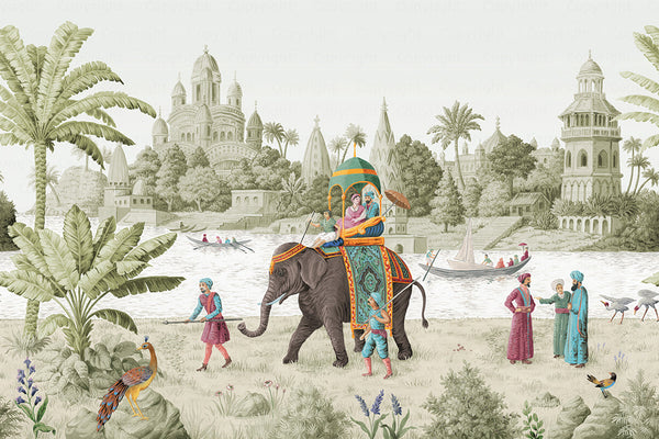 Indian Elephant Scene Wallpaper, Early Morning of India Historical Wall Mural, Green Custom Size Wall Covering, Non-Woven, Non-Pasted, Removable - Adawall -Houston Wallpaper Store - Walcoverings, Curtains & Wall Panels